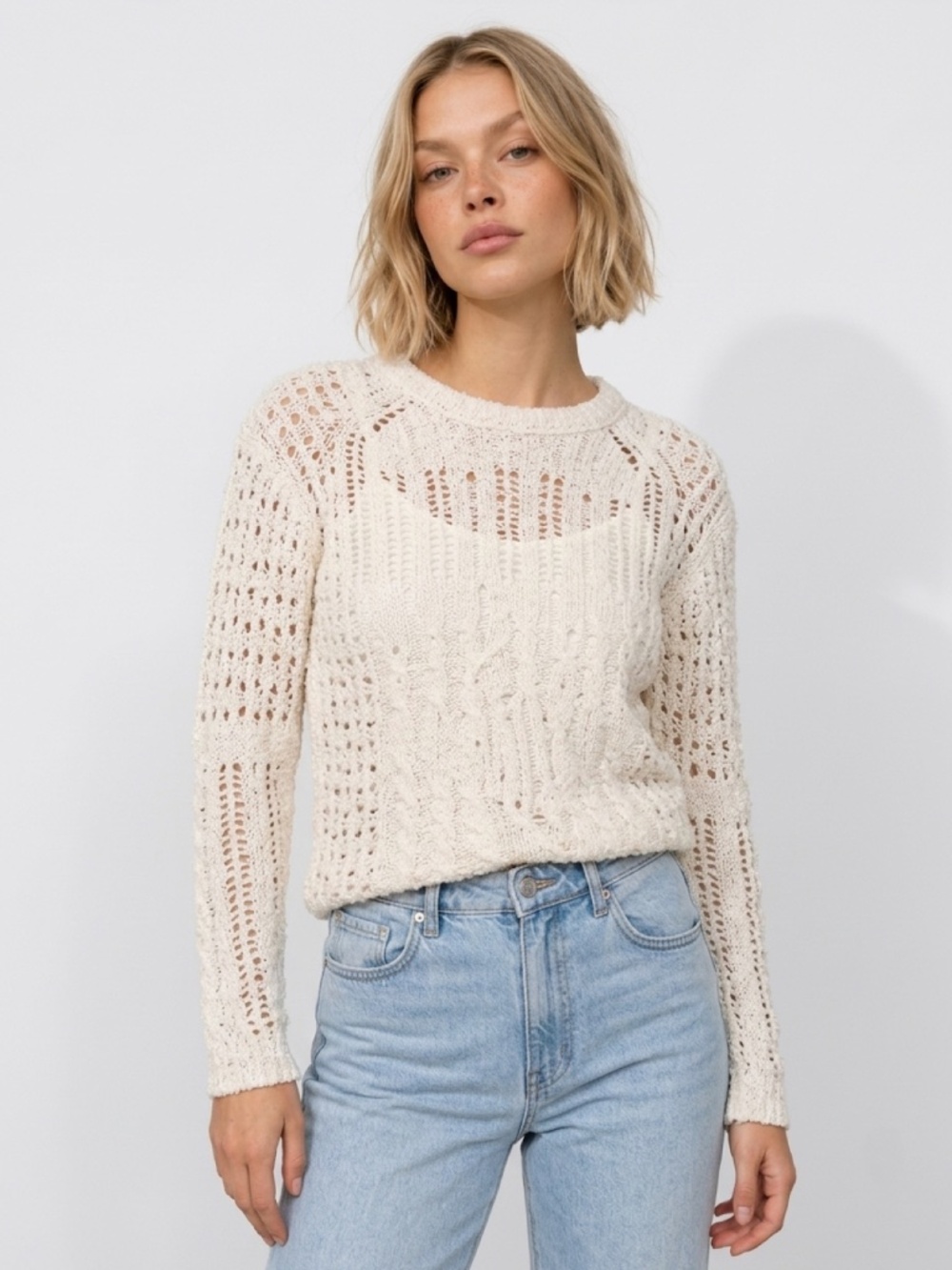 Inhabit - Ivory Crew Neck Crochet Open Knit Wool Sweater Size P